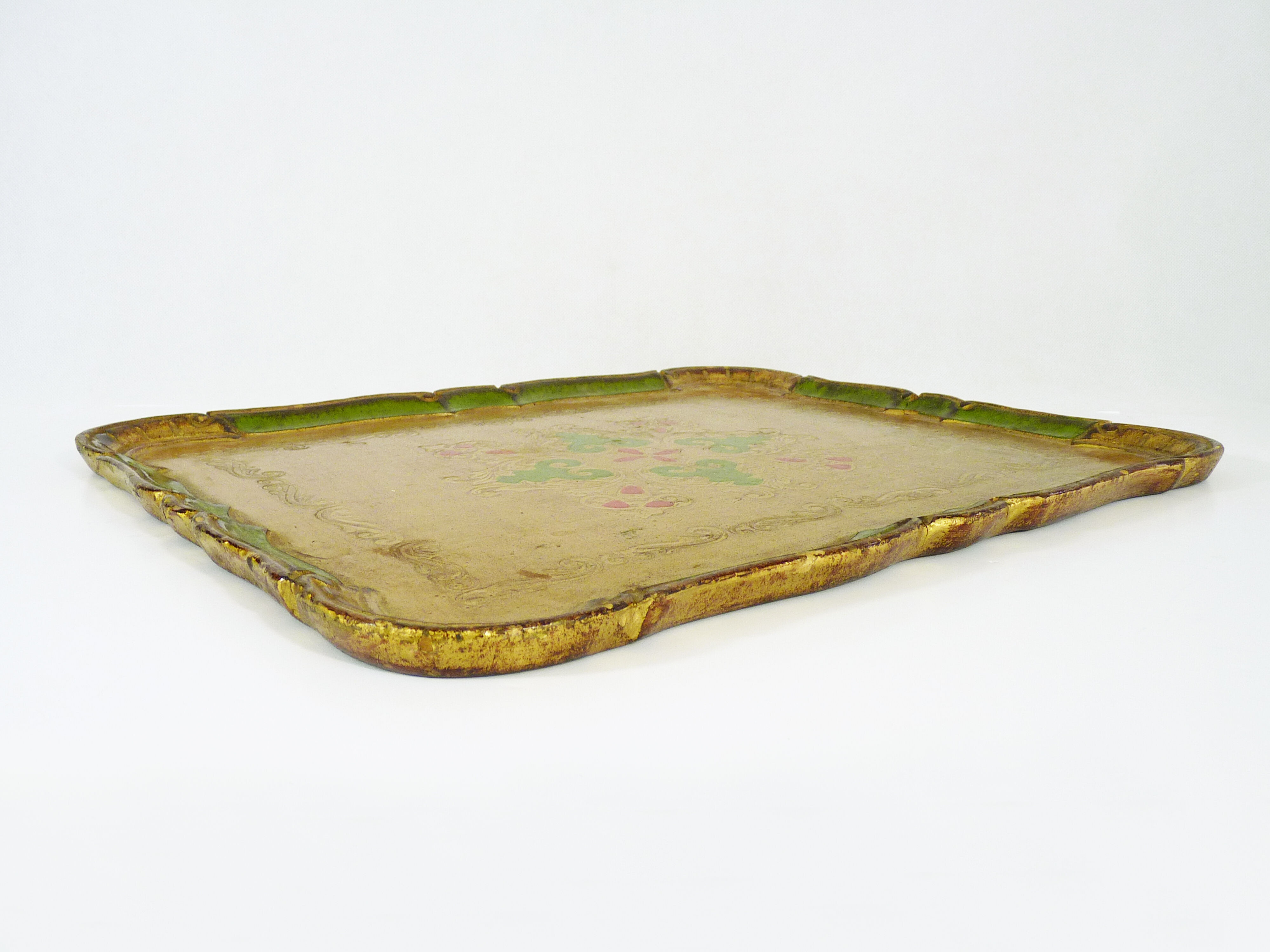 Hand-painted green and gold Florentine tray. Vintage 1950