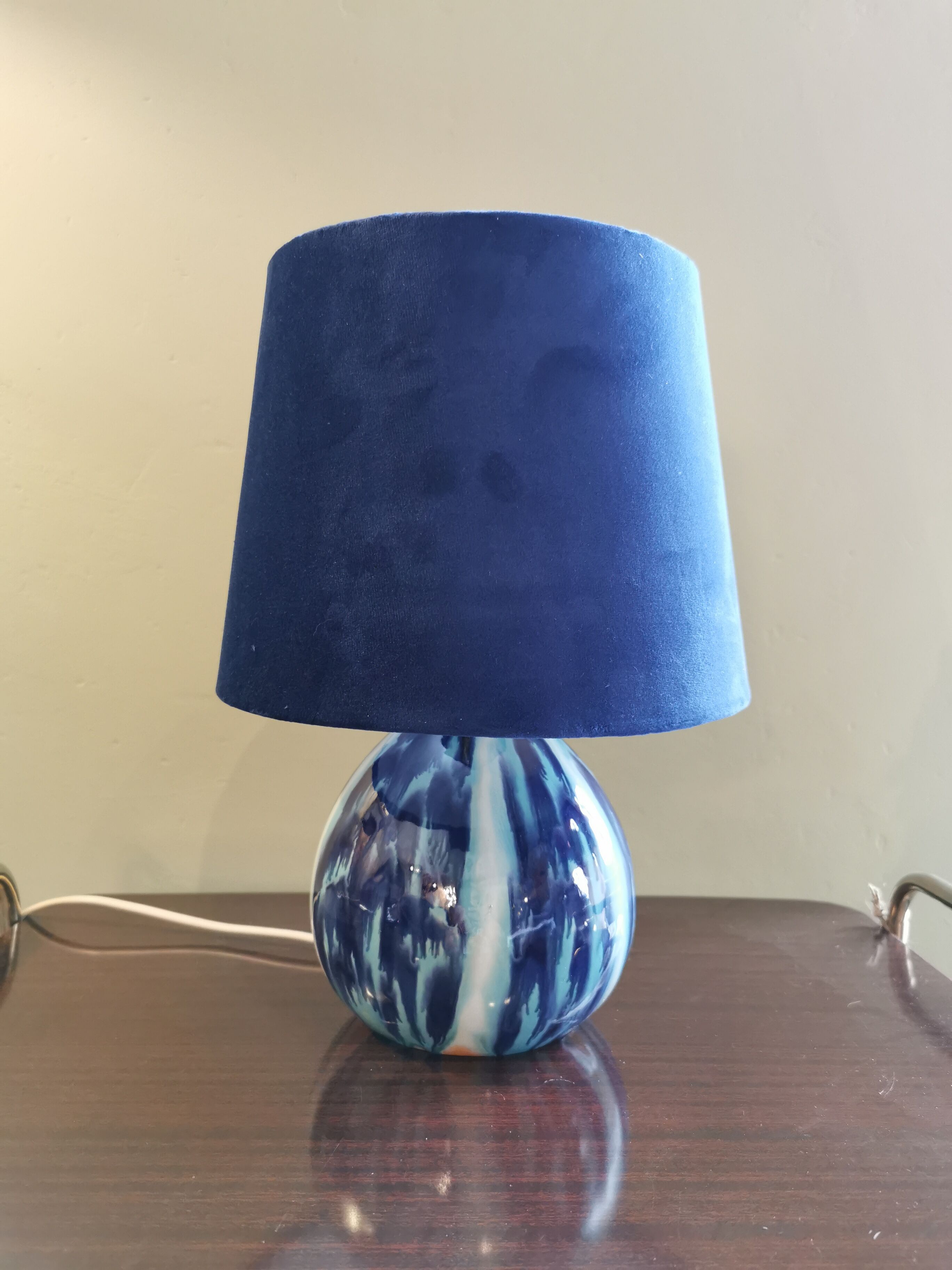 Vintage blue ceramic ball lamp signed