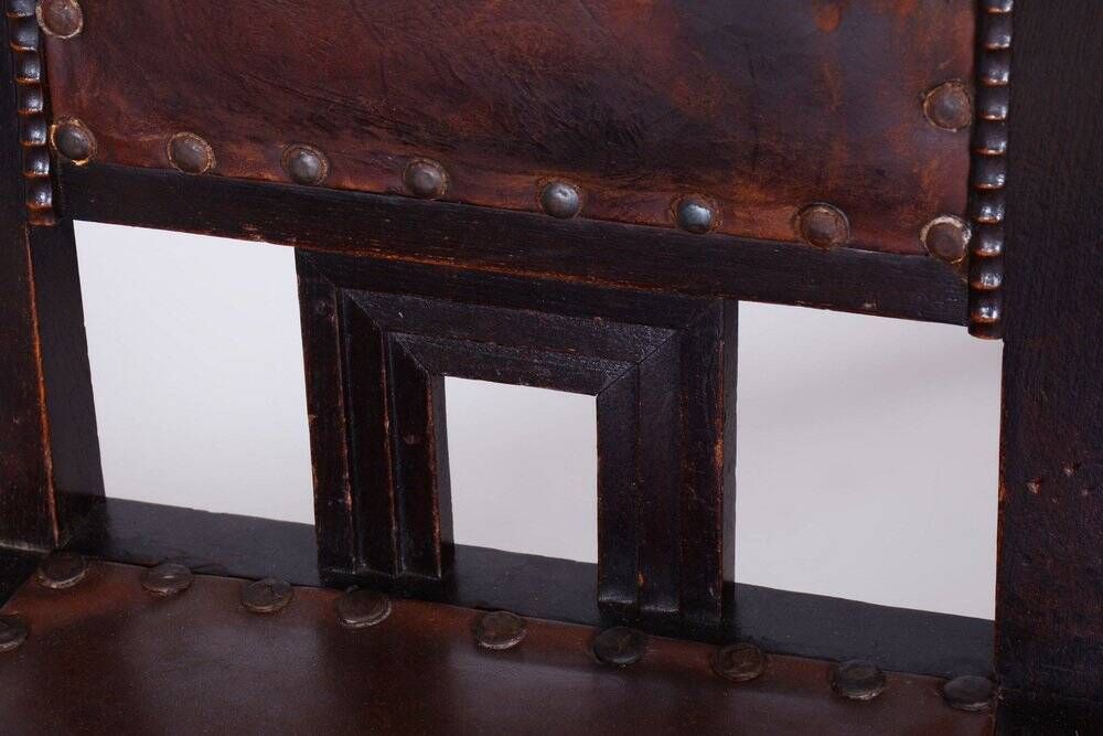 Czech Cubist Chairs in Oak and Red Leather by Josef Gočár, 1910s, Set of 4