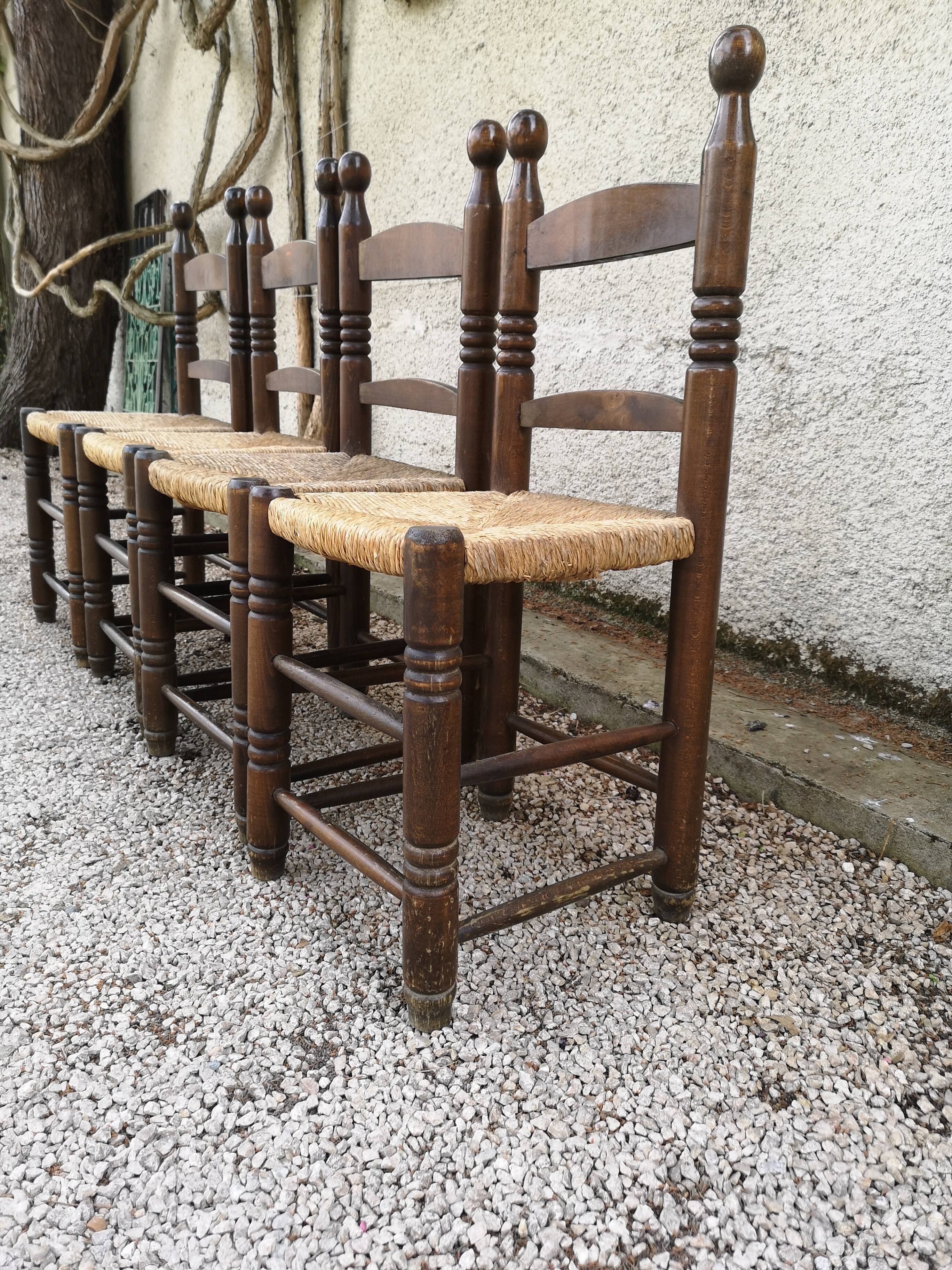 Set of 4 chairs in solid oak and straw