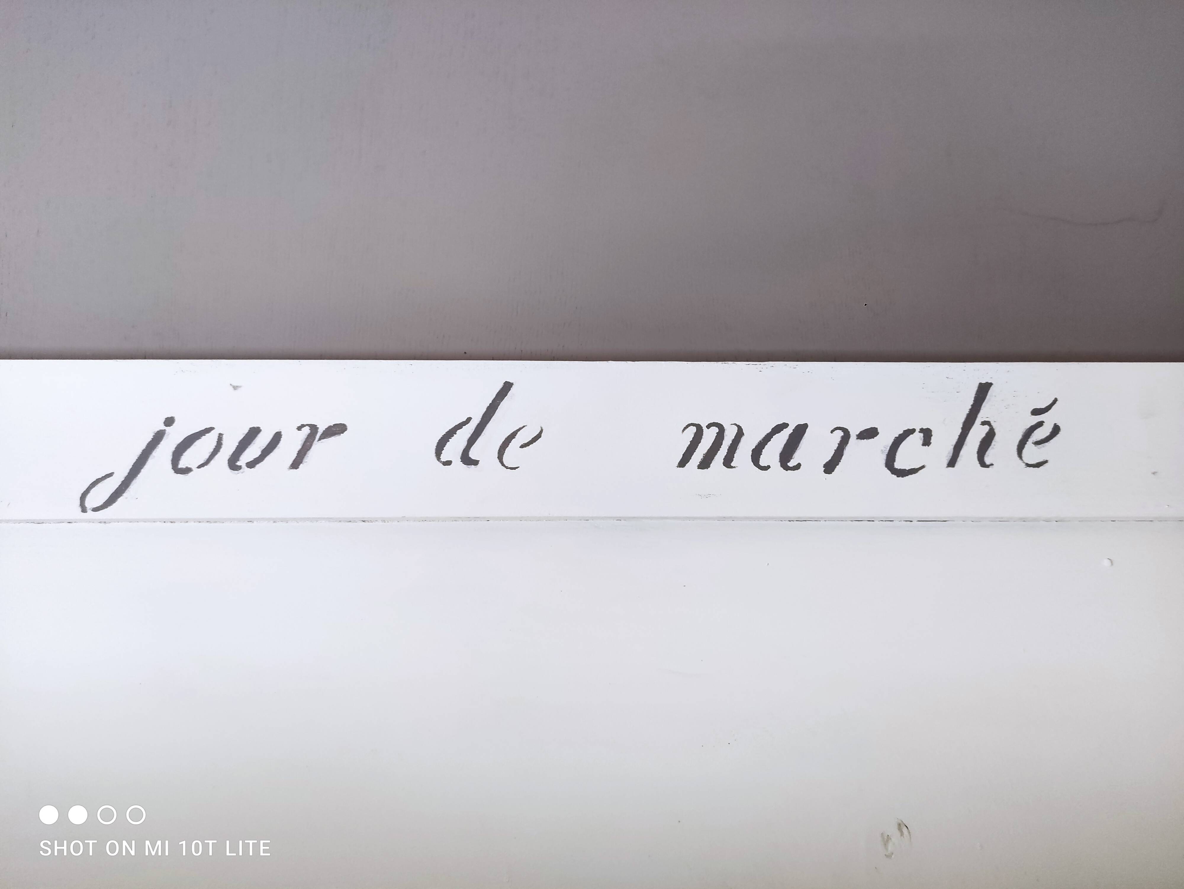 Old white and taupe “Market Day” oak shelf