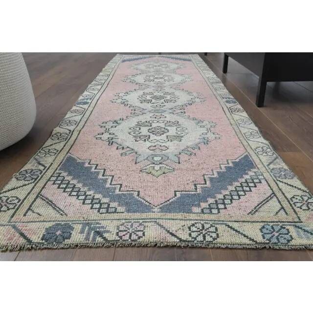 Vintage Turkish Hand-Knotted Wool Cotton Pink Runner Rug 84x281