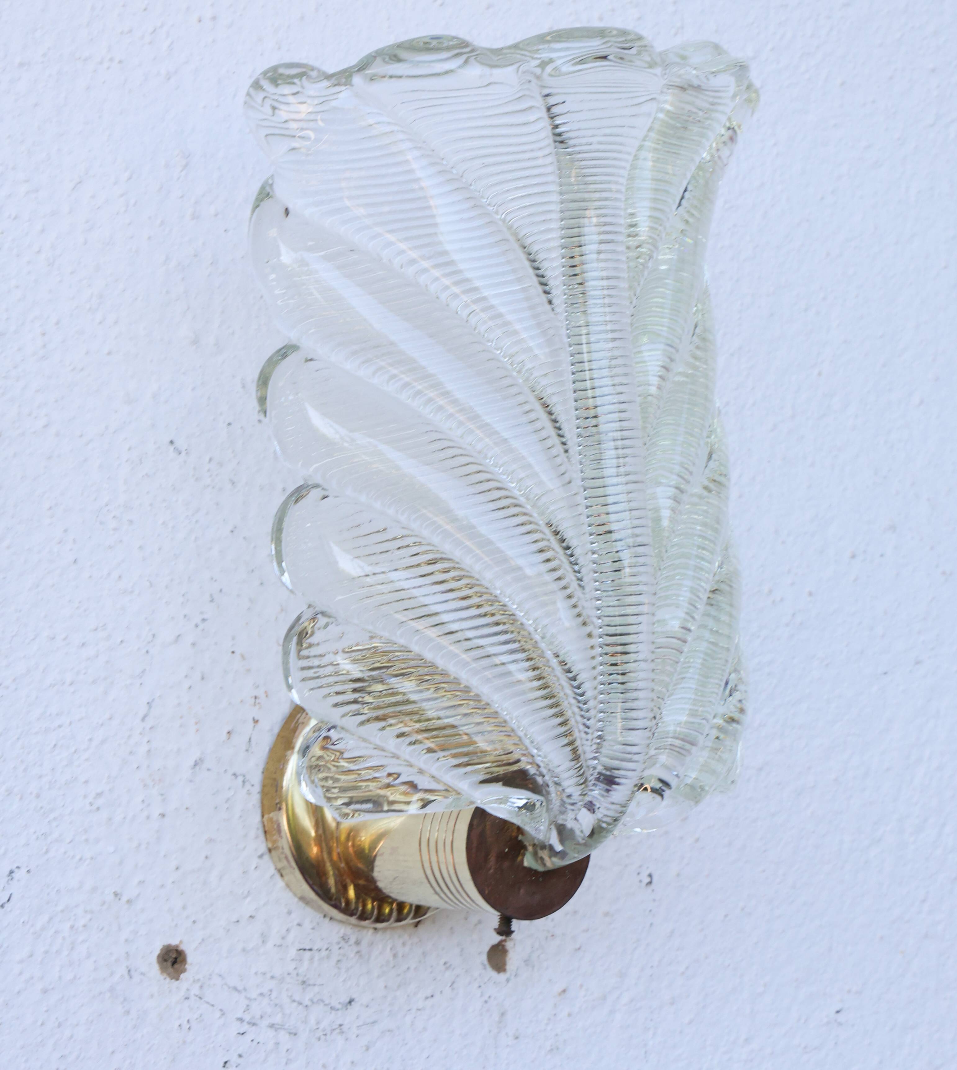 Art Decò Wall light Trasparent Murano Glass Leave by Barovier e Toso, 1950s
