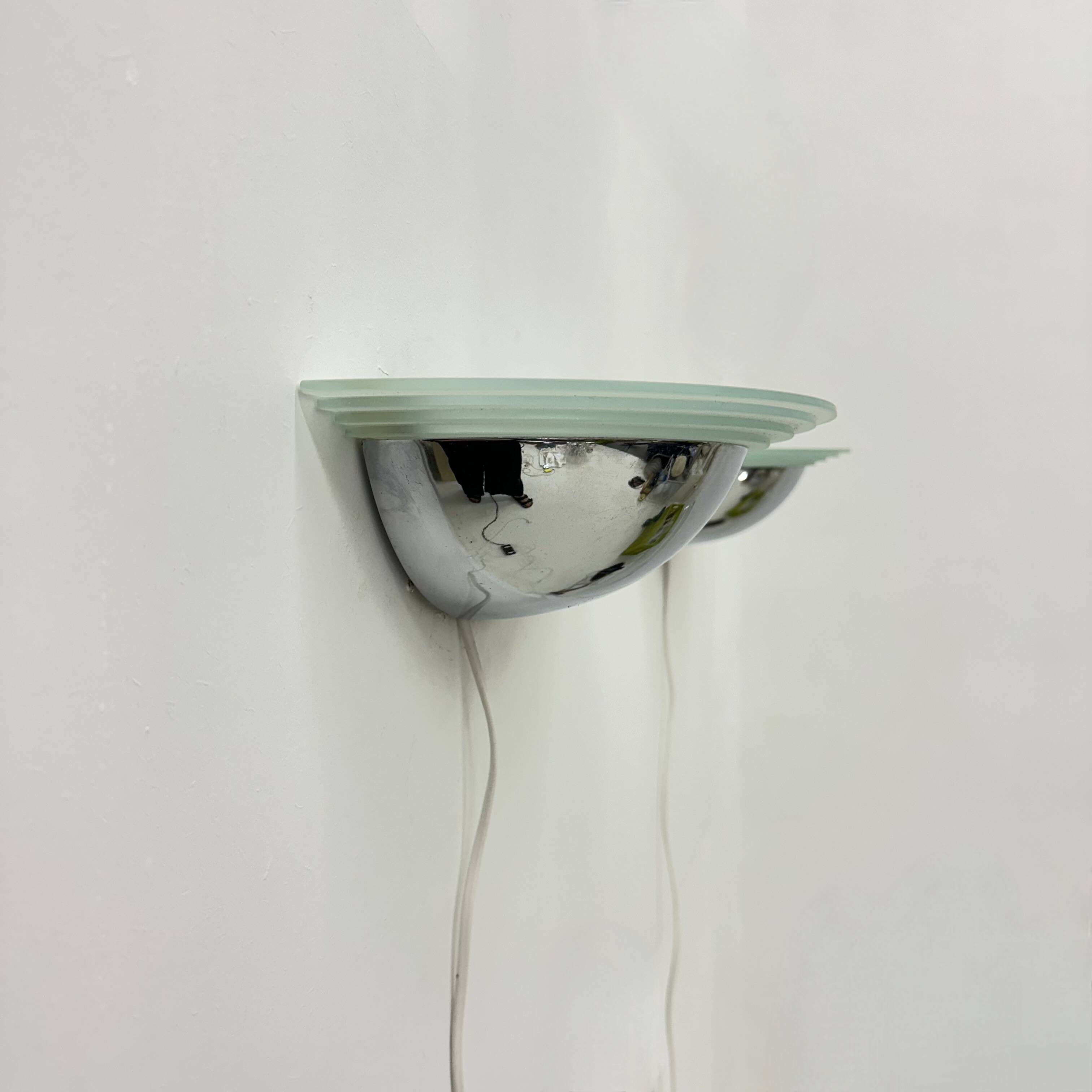 Pair of post modern wall lamps chrome and glass , 1980s
