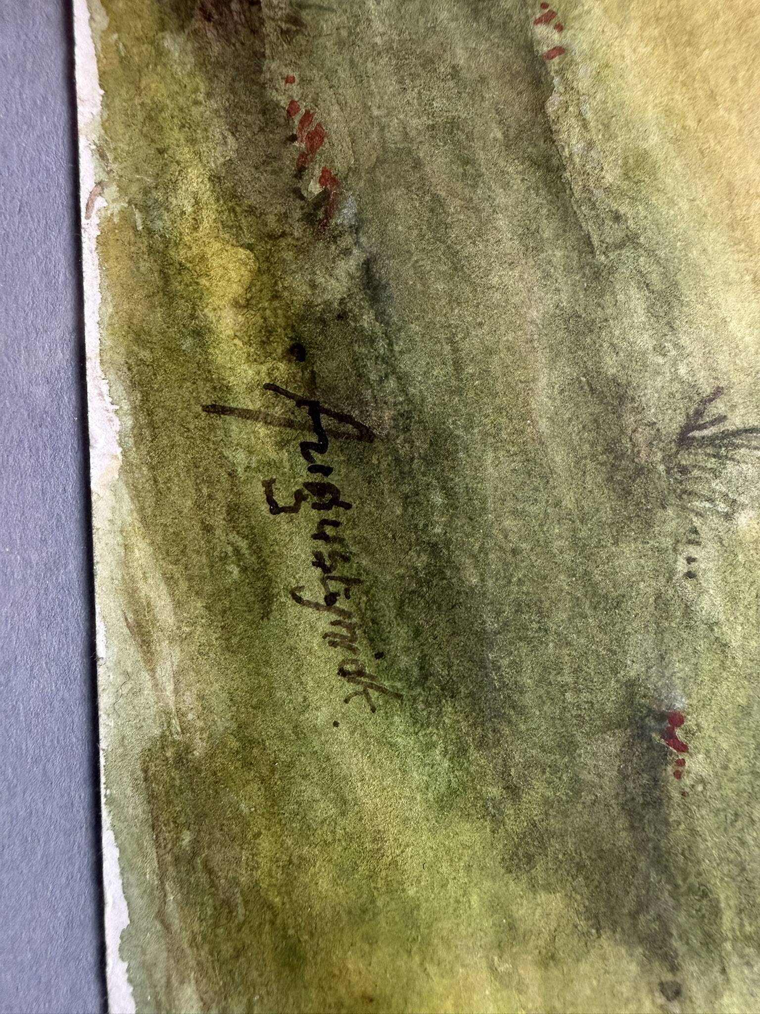 Watercolour landscape river with bridge