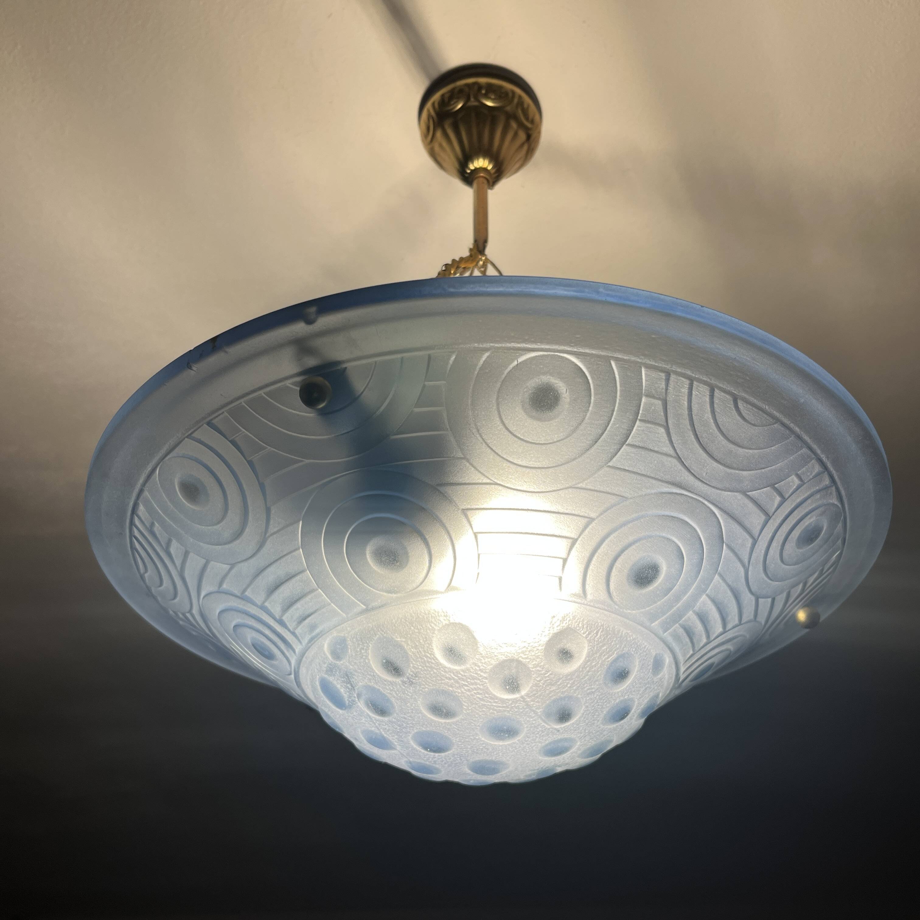 Blue pressed glass basin with Art Deco geometric patterns