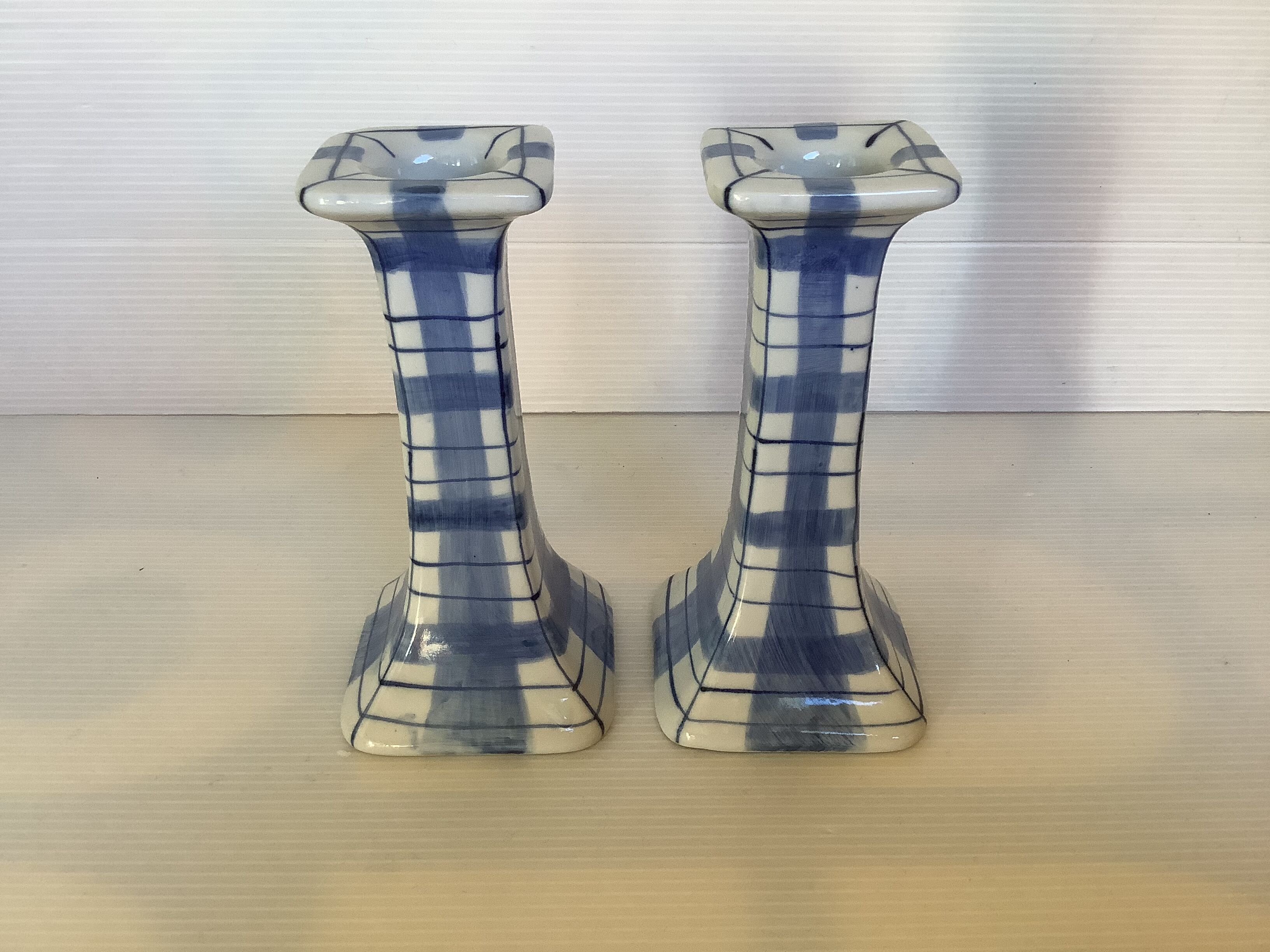 Pair of candlesticks patterns dish towels blue tiles