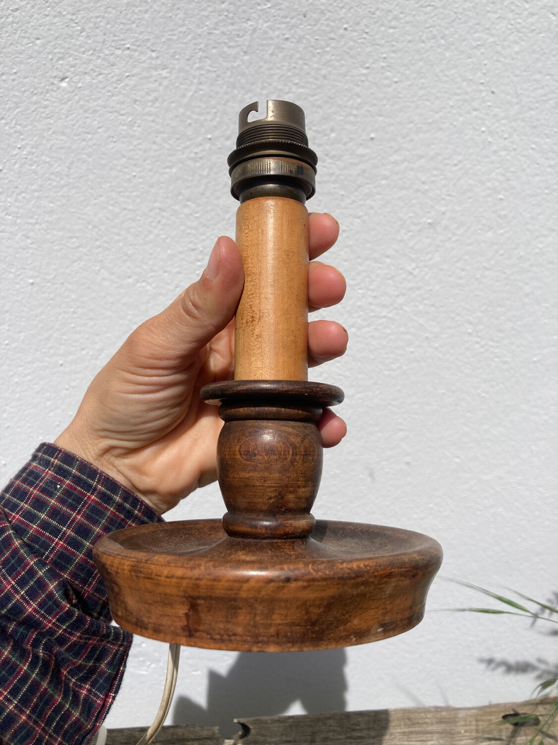 Wooden table lamp and vintage orange lampshade candle holder style