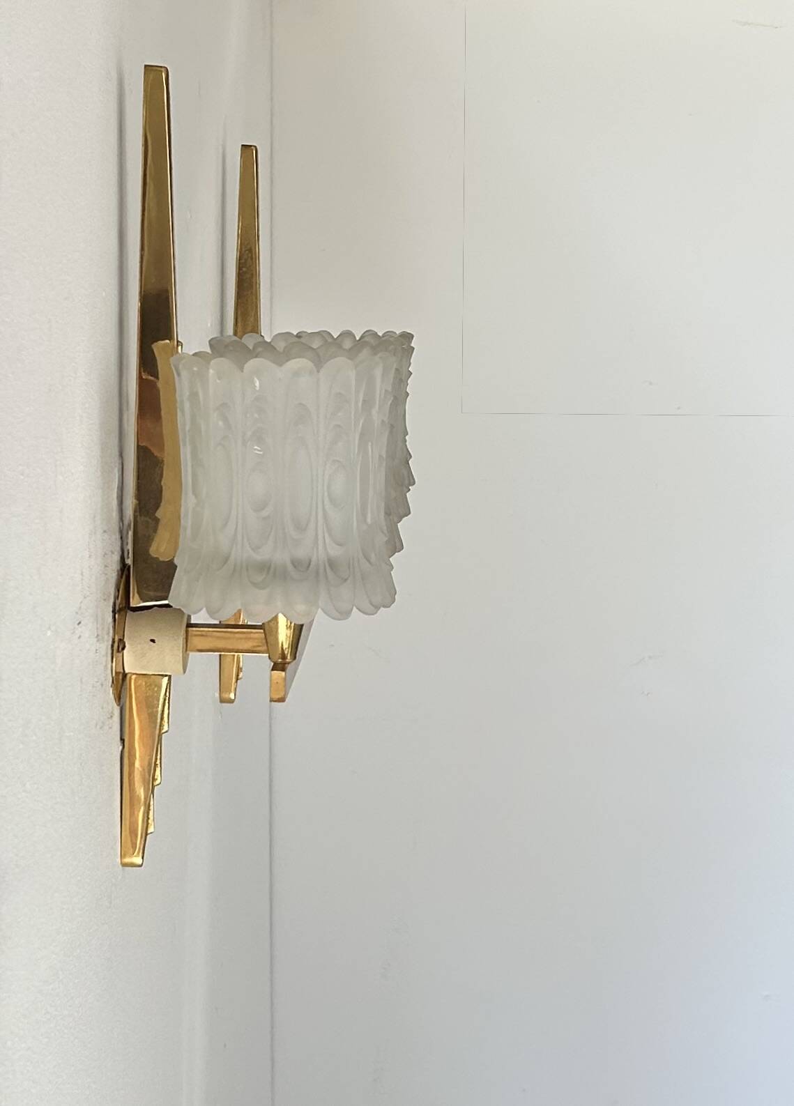 Pair of double wall lights in brass and moulded glass, Maison Arlus, France, 1950.
