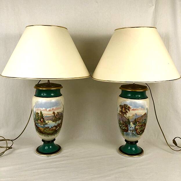 Large pair of 19th century polychrome porcelain vases decorated with landscapes, mounted as lamps