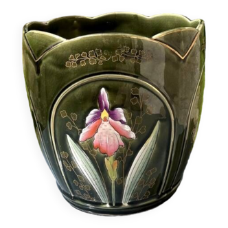 Cache-pot art nouveau en faïence de bruyn lille decor d'iris