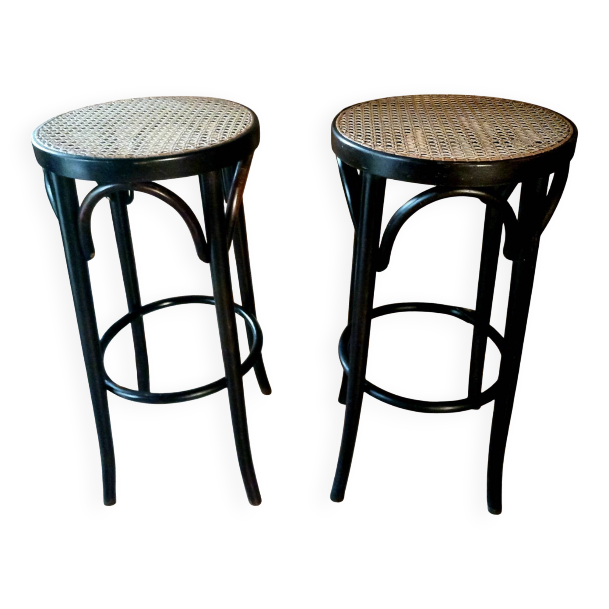 Set of 2 high bar stools made of wicker and rattan cane.