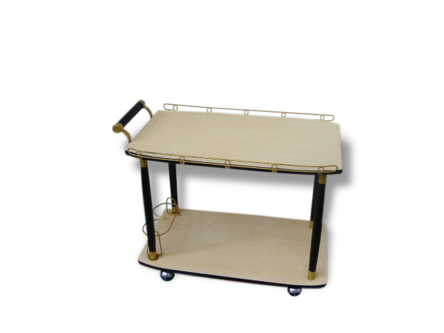 Rolling table vintage and design 1950, wood and gold metal