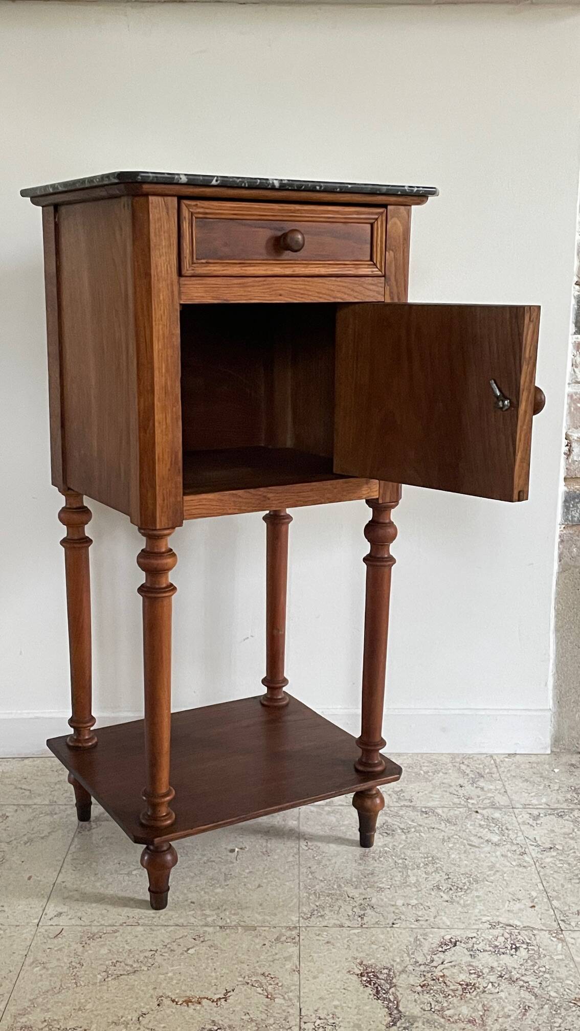 Antique bedside table in wood and marble