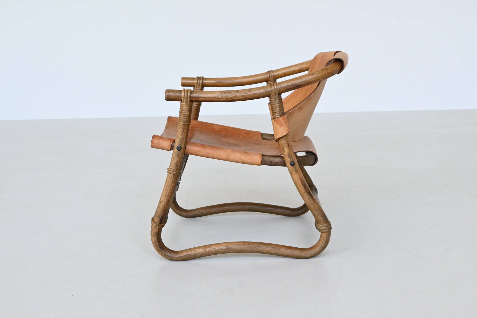 Espri safari chair in cognac leather and bamboo IKEA Sweden 1970