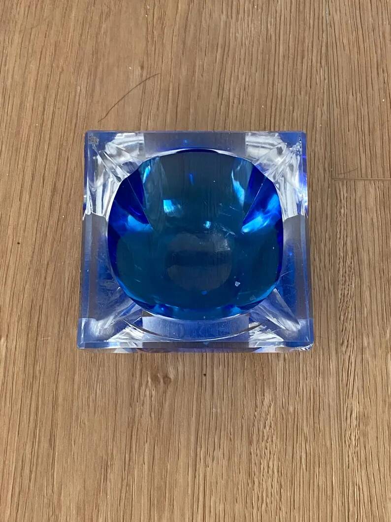 Vintage Sommerso glass ashtray in Murano style, square blue shape.