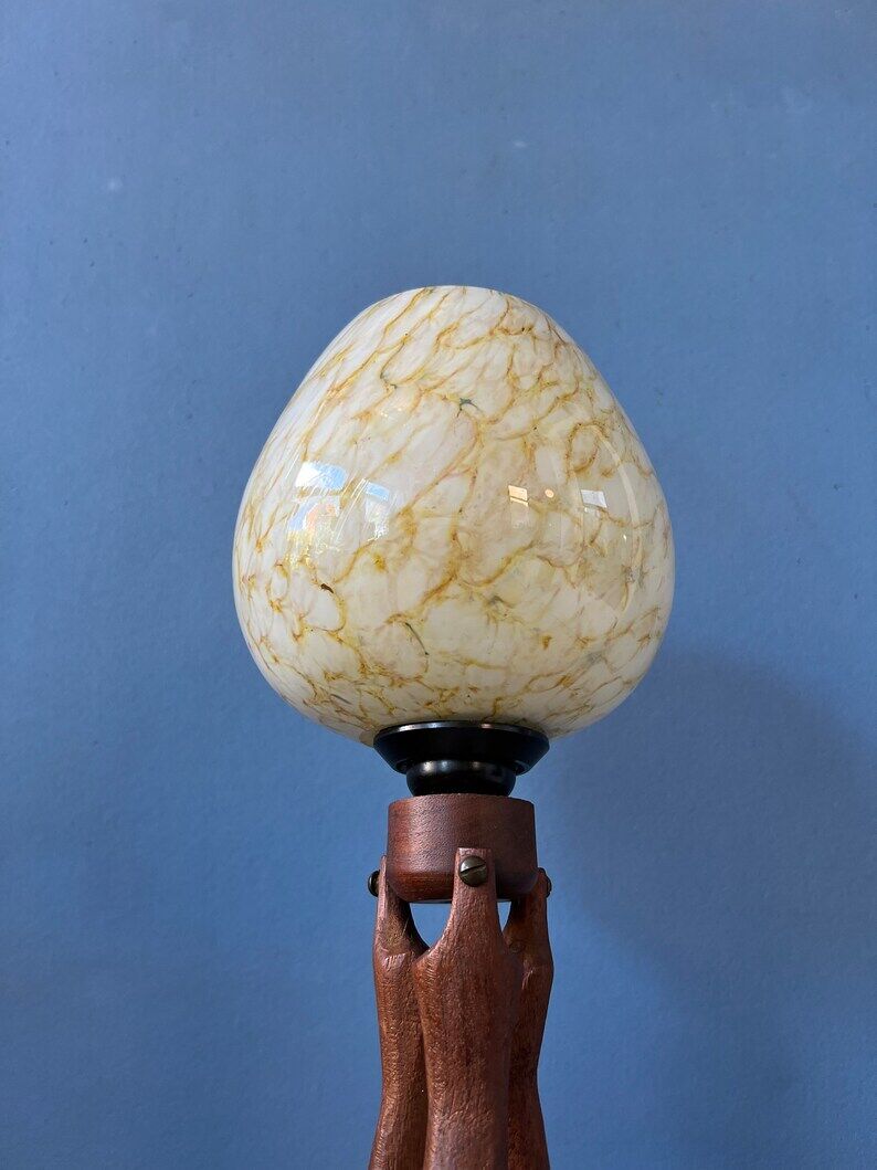 Hand-carved wooden table lamp with art deco lampshade