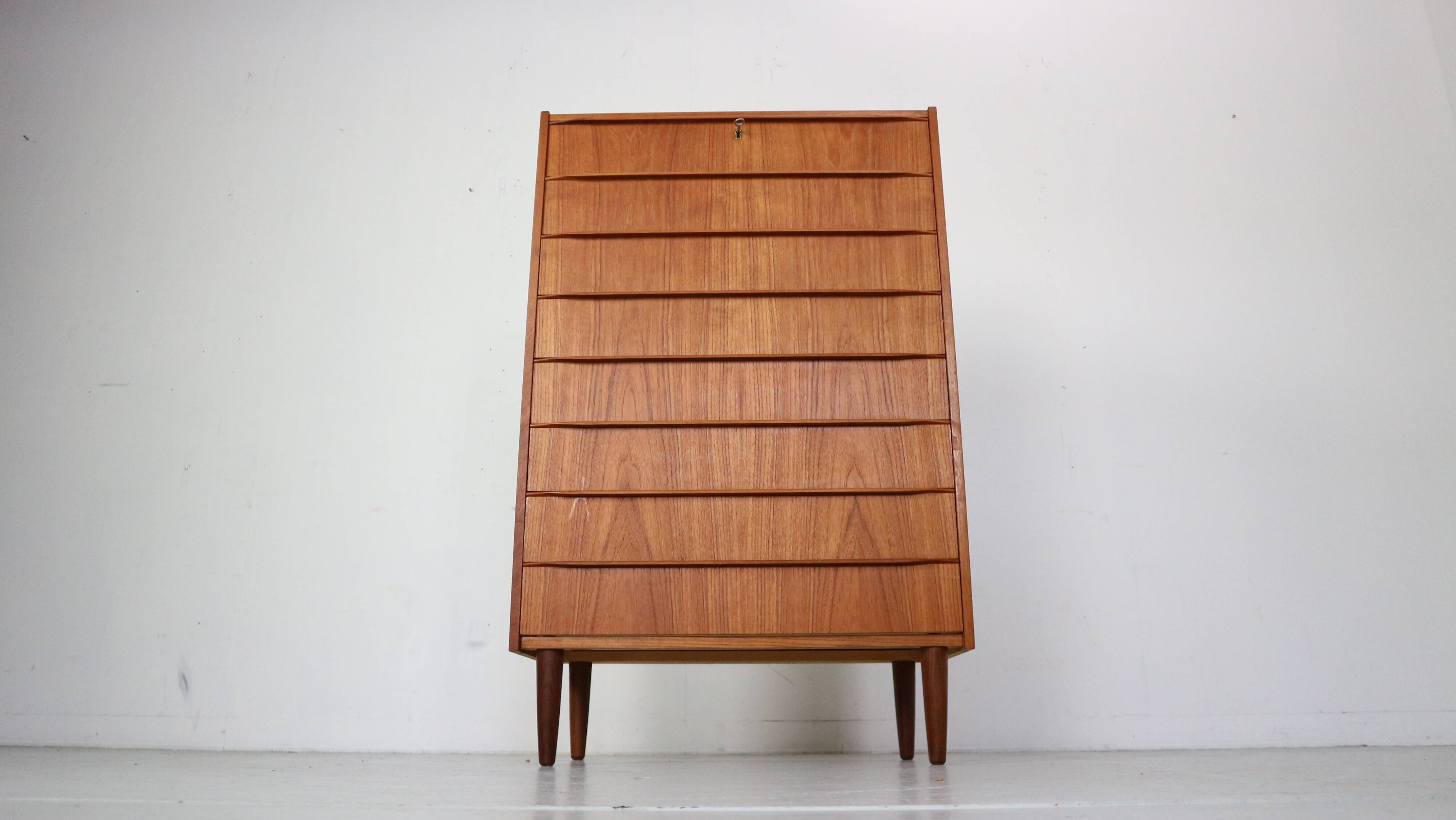 Mid-Century Modern Danish Chest of Eight Drawers, Tallboy in Teak, Denmark, 1960