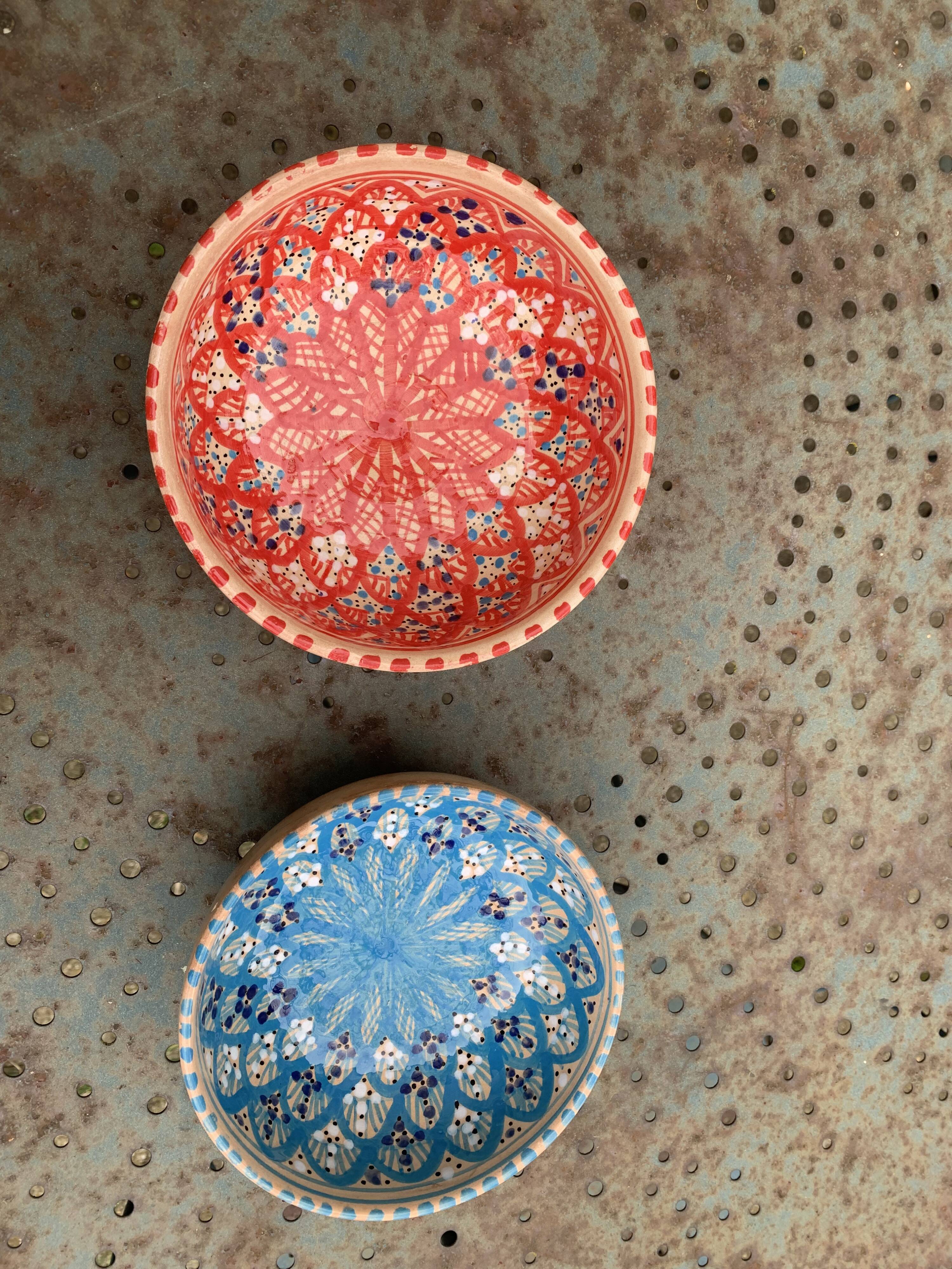 Two bowls, enameled ceramic cups, red and blue, artisanal, hand painted made in Italy