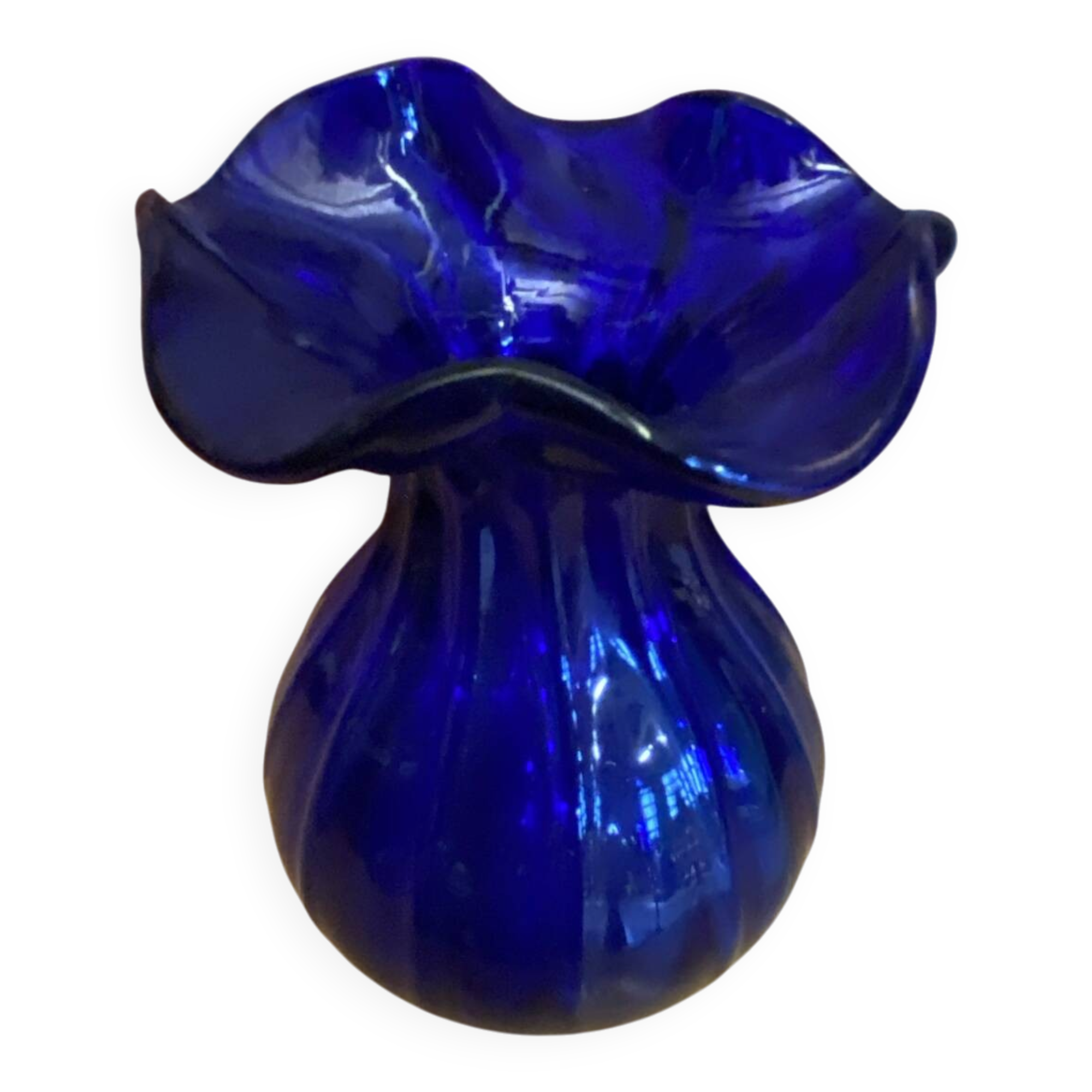 Vintage Cobalt Blue Glass Bowl Vase with Corolle Neck #E026