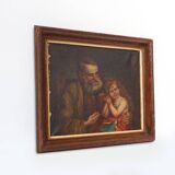Peinture à l'huile baroque flamande du XIXe siècle dans un cadre en bois ancien