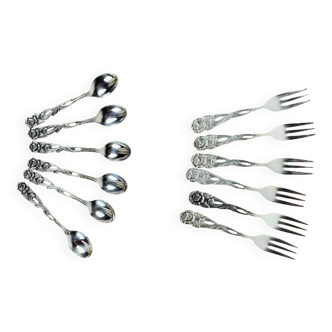 6 Antique silver metal dessert spoons and forks, flower pattern
