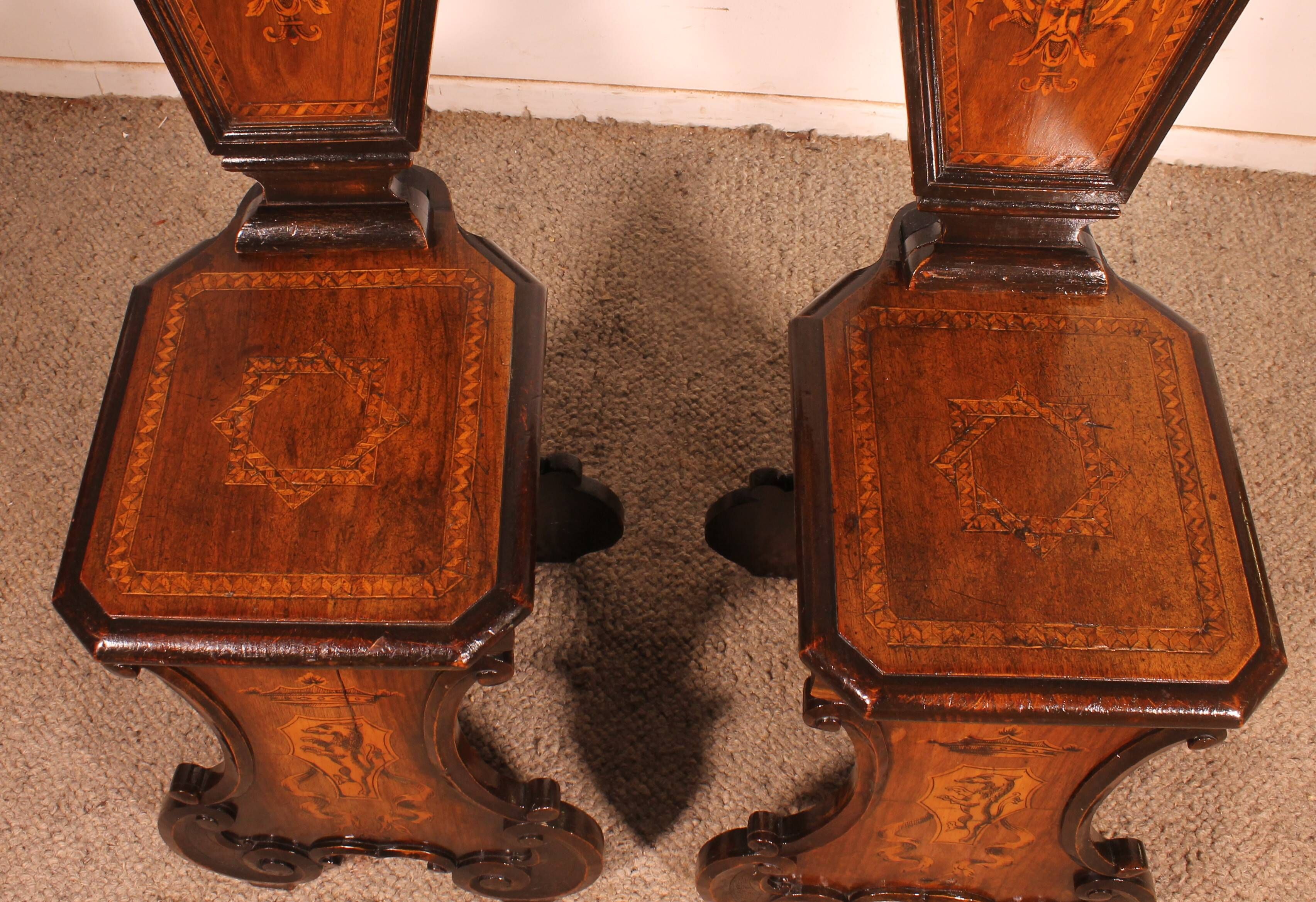 pair of stools in walnut and marquetry - 19th century