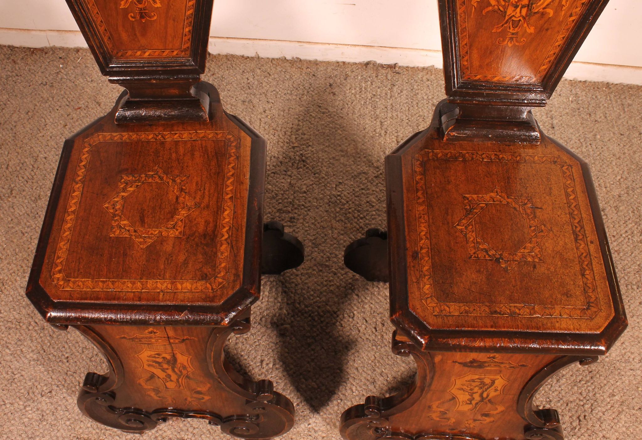 pair of stools in walnut and marquetry - 19th century