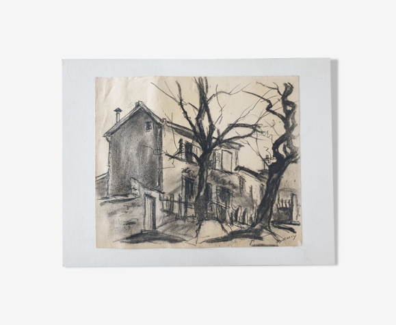 André Duculty (1912-1990) Charcoal drawing on paper "Country House" Signed lower right