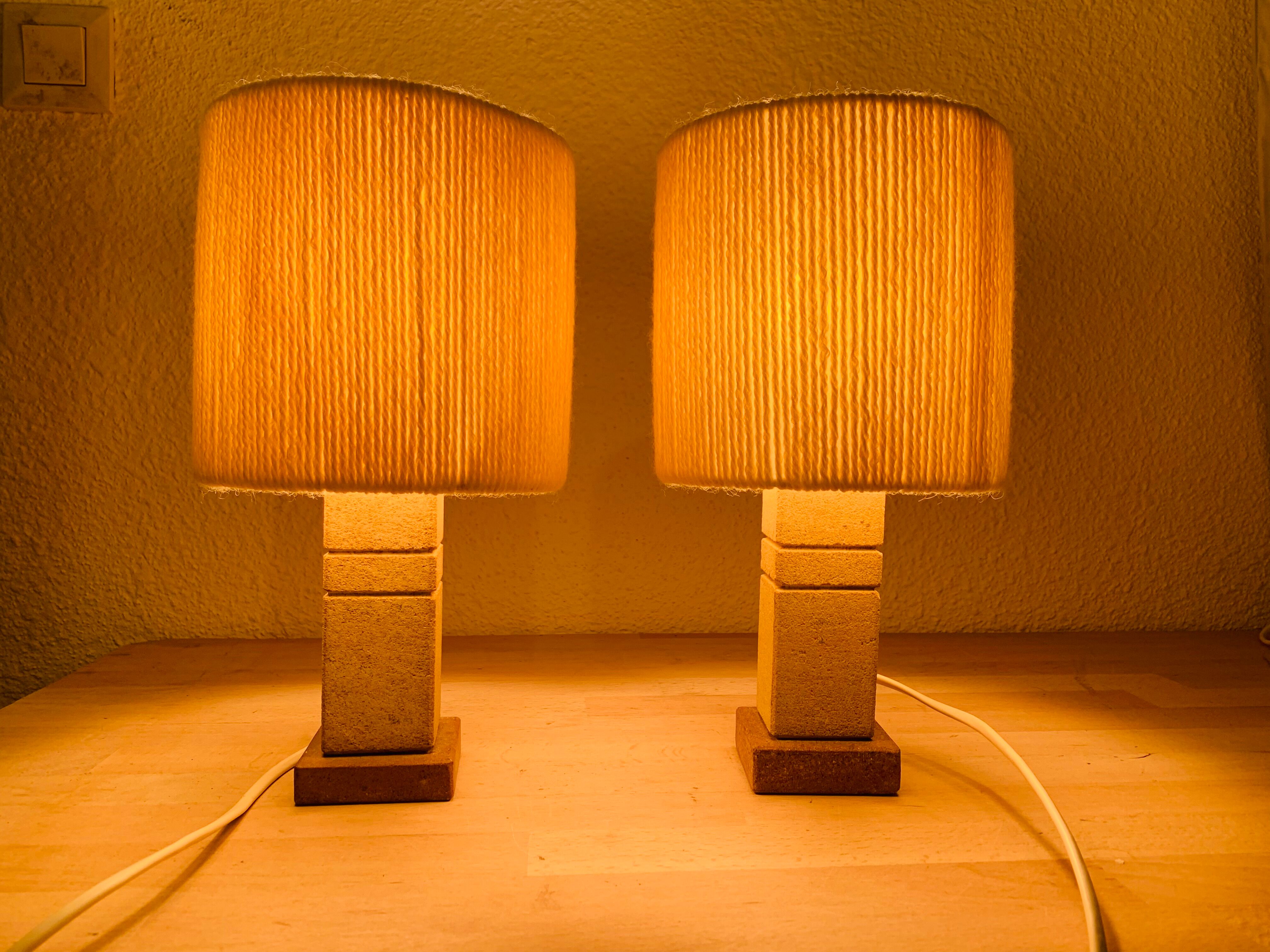Pair of brutalist lamps pink sandstone and wool lampshade