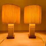 Pair of brutalist lamps pink sandstone and wool lampshade
