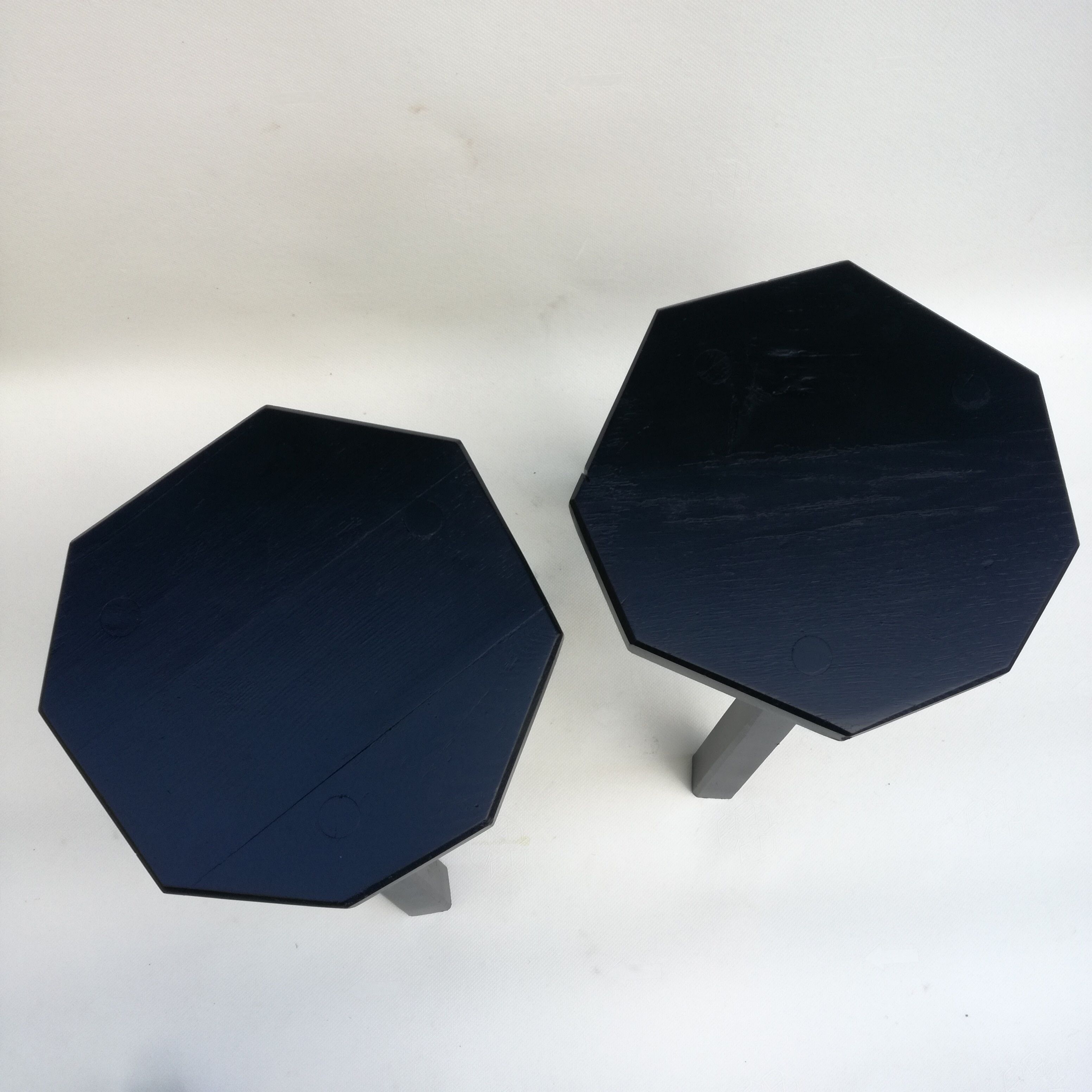 Black brutalist wooden stools, set of 2