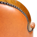 Fauteuil en cuir et noyer cognac, Tchécoslovaquie années 1940