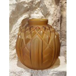 Amber yellow satin glass moulded round vase signed CLA, Art Deco, circa 1930.