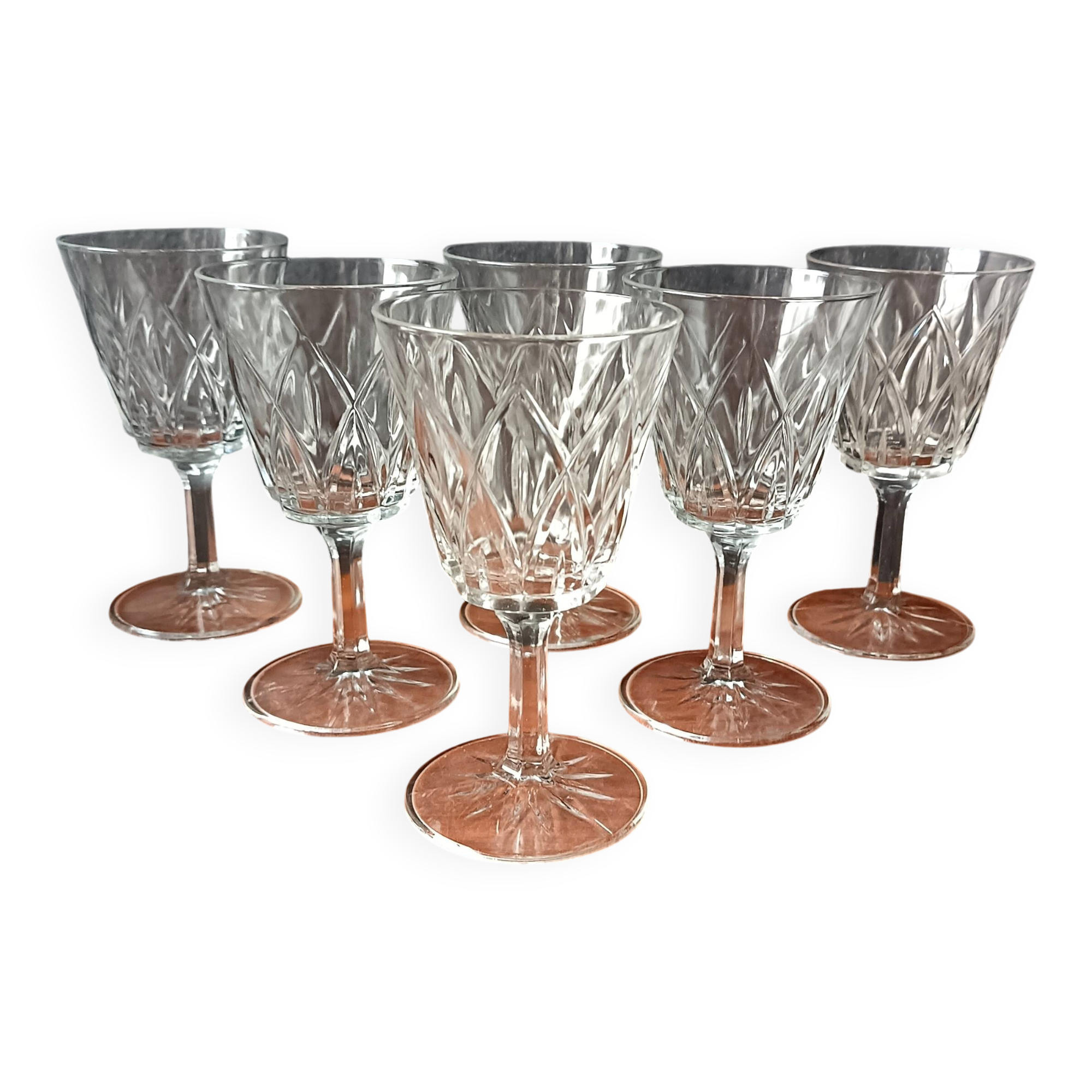6 large champagne glasses vmc reims "champagne" pattern vintage france
