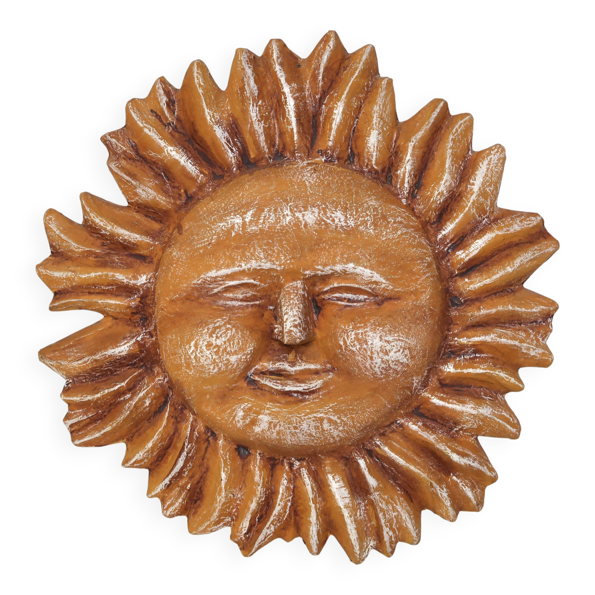 Large yellow-orange sun wall decoration made of papier-mâché, Mexico 1980s.