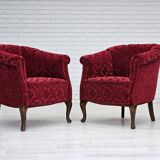 Paire de fauteuils lounge danois, années 1950, tissu rouge en coton/laine.