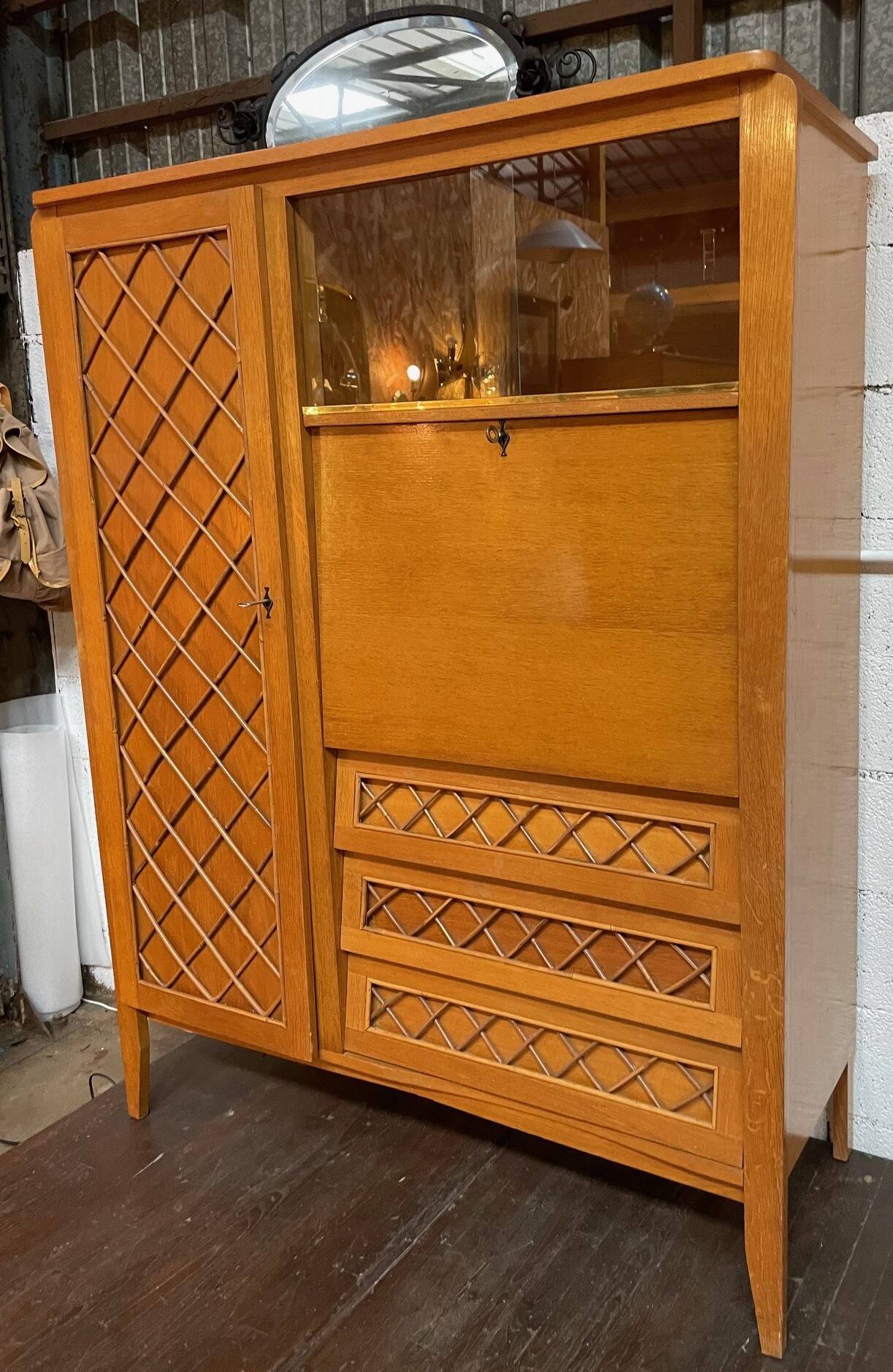 Armoire, secrétaire, commode en bois et rotin, années 60