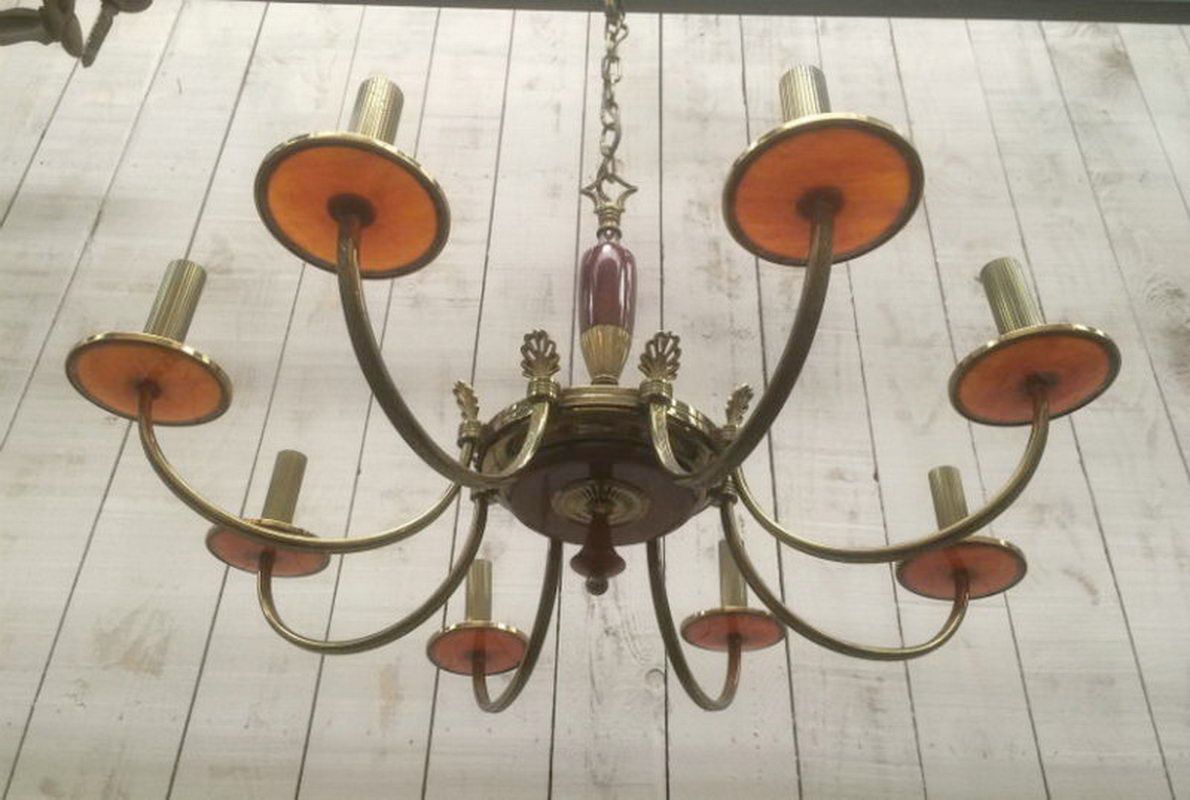 Brass and red plexiglass chandelier