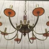Brass and red plexiglass chandelier