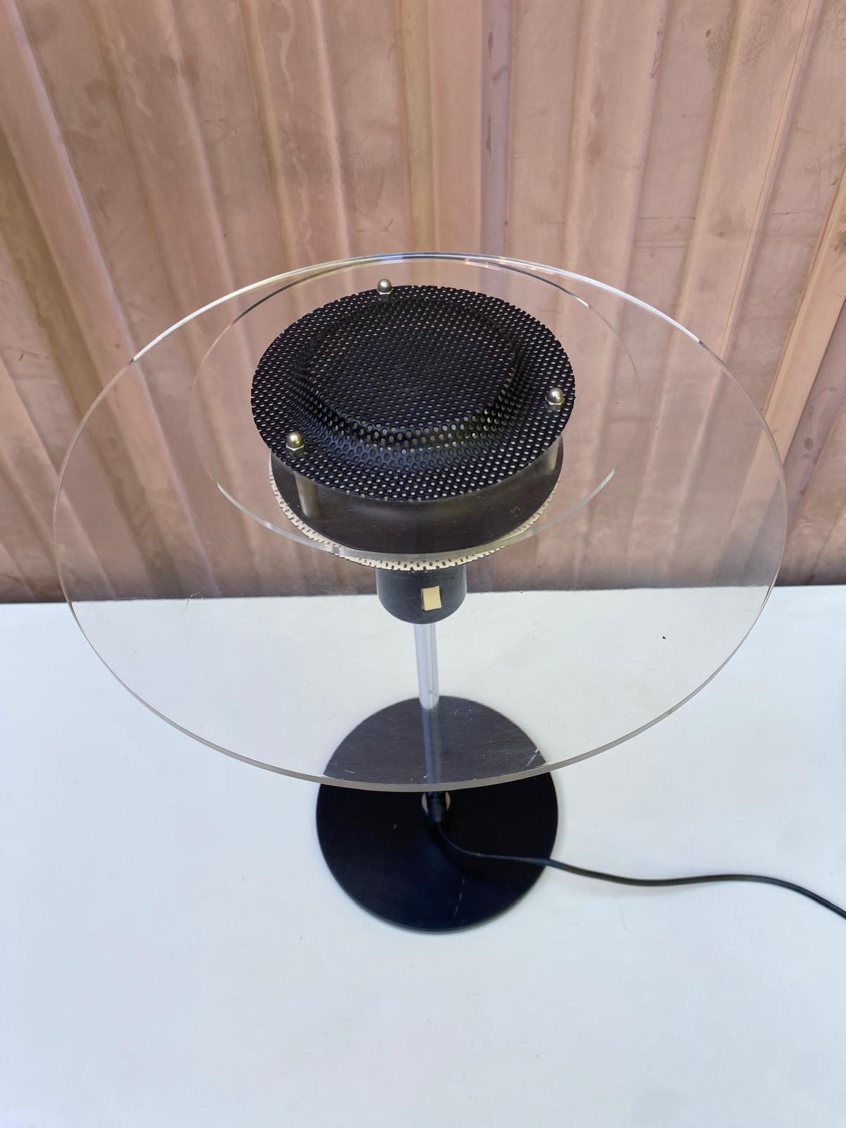 Post-modern vintage lamp in black metal and plexiglass from the 1970s.