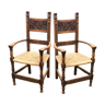 Paire de fauteuils paillés néo celtique en chêne