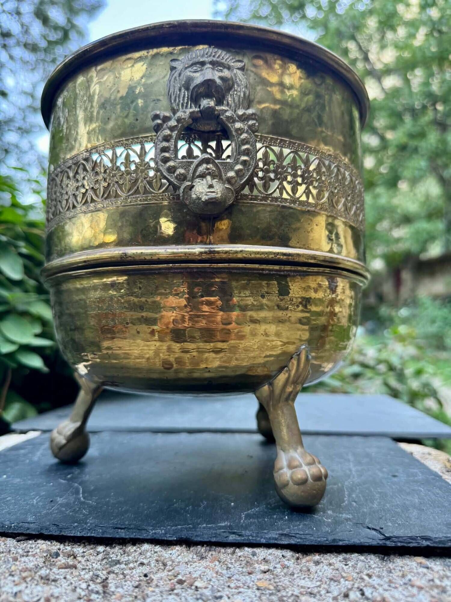 Large solid brass lion cache pot Art Nouveau