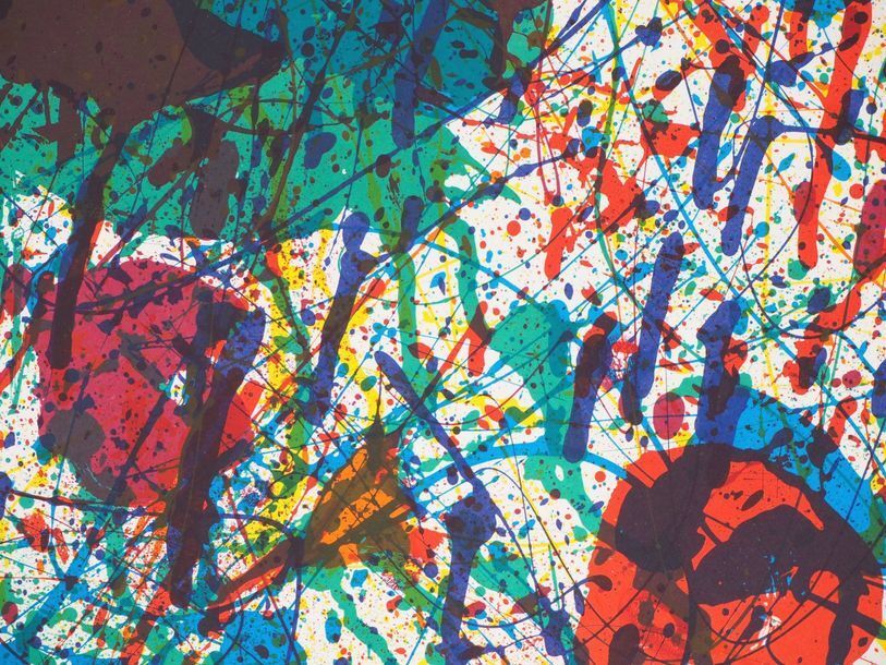Affiche d'exposition réalisée en lithographie originale Sam Francis, explosion de couleurs, 1983.
