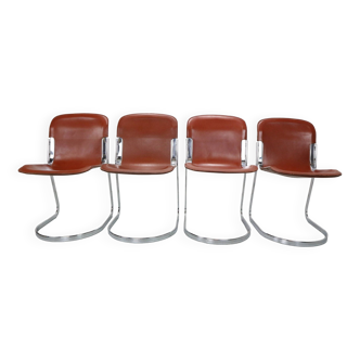 Ensemble de 4 chaises Willy Rizzo en chrome et cuir pour Cidue, Italie, 1970
