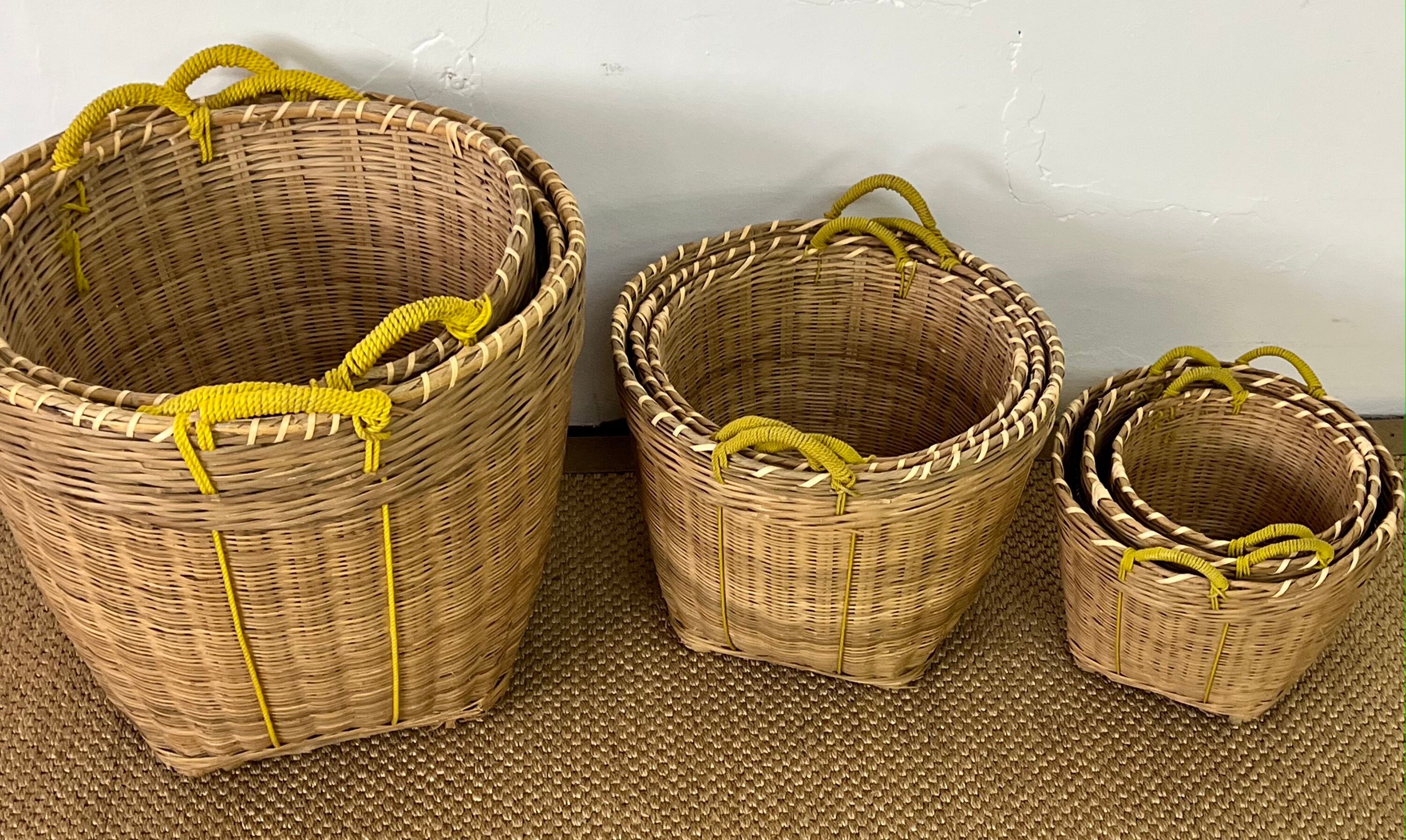 Set of 9 wicker trundle baskets