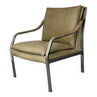 Fauteuil lounge moderniste en acier et cuir Walter Knoll du milieu du siècle