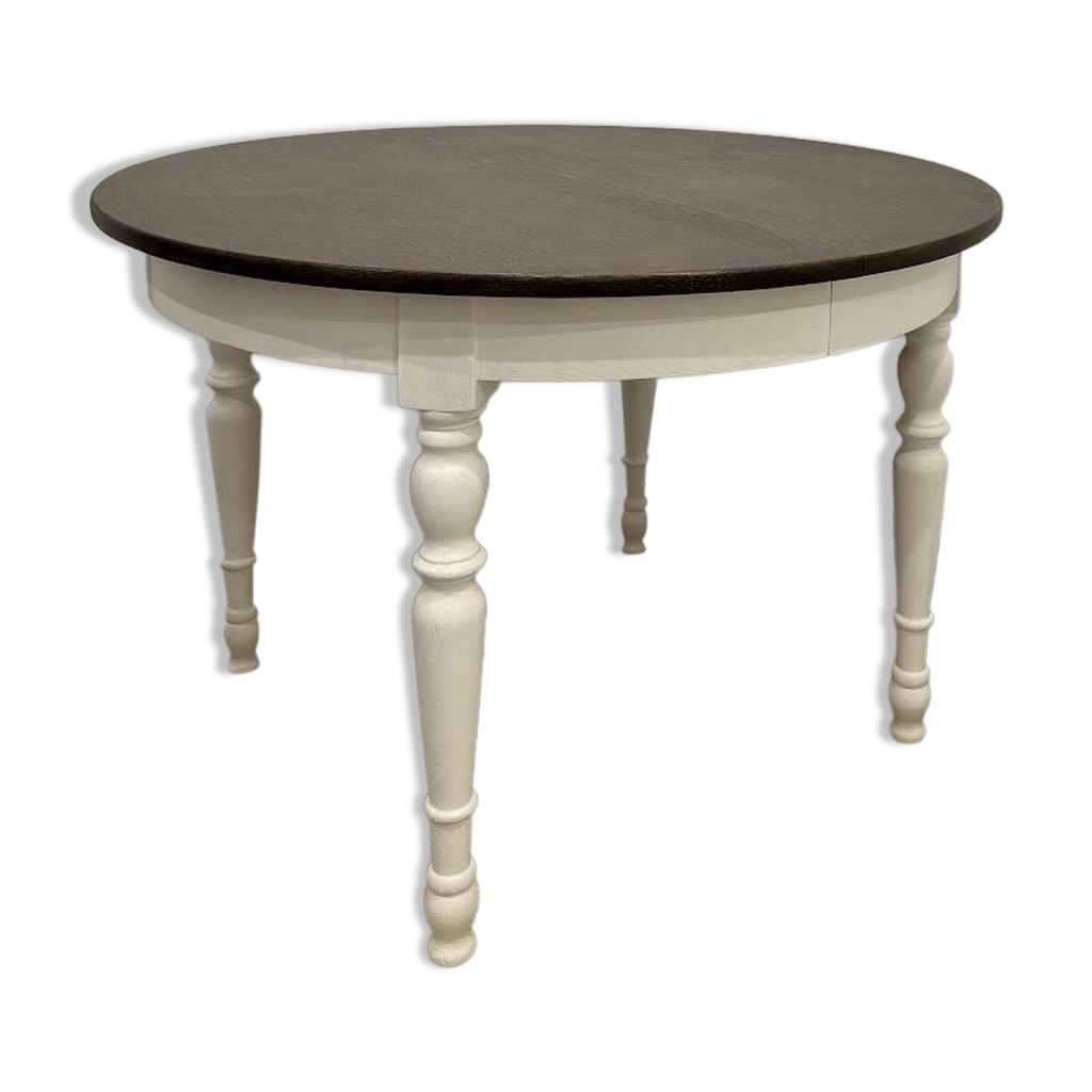Table ronde en bois massif restaurée avec rallonges intégrées | Selency