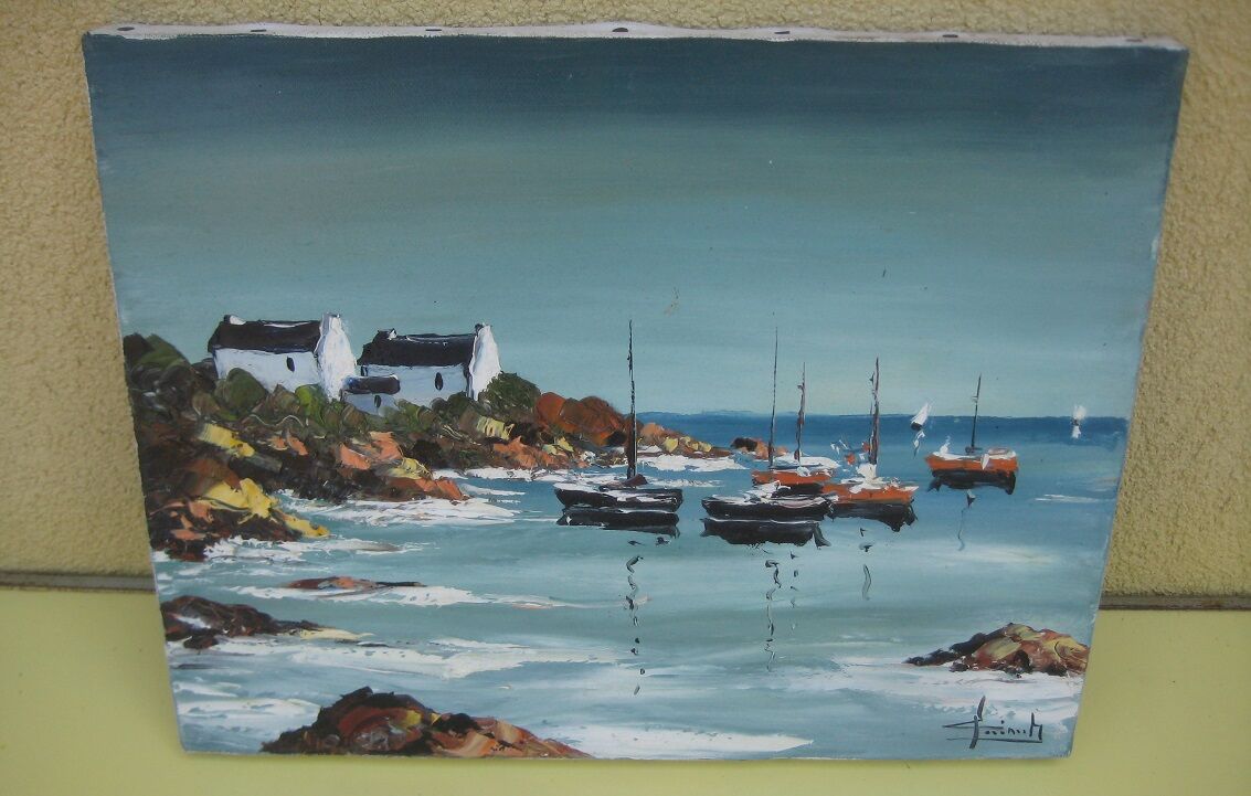 Oil on canvas signed, sailboats in brittany