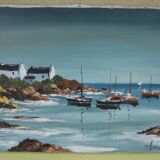 Oil on canvas signed, sailboats in brittany